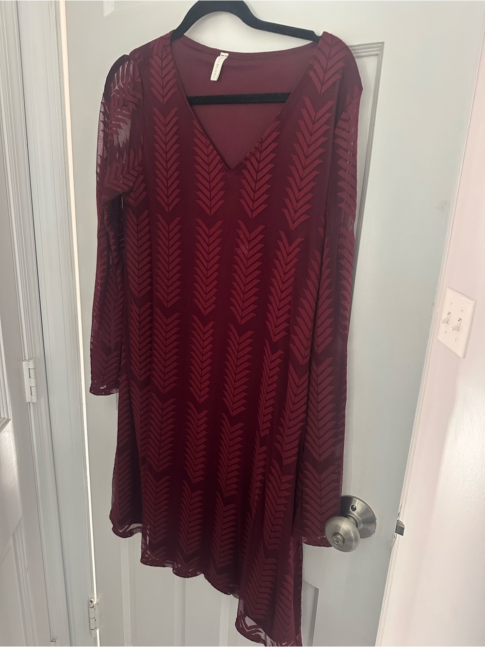 Pinkblush Burgundy Chevron-Pattern Long Sleeve V-Neck Dress